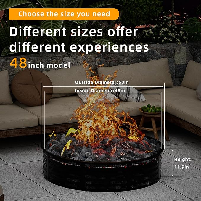 Smokeless Fire Pit Ring, 48 Inch Inner/50 Inch Outer, 11.9" Height, Heavy Duty Metal Fire Ring for DIY Fire Pits, Outdoor Above or In-Ground, Camping Garden Patio Backyard