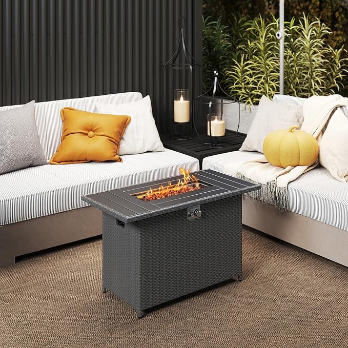 Tangkula 44.5 Inch Propane Fire Pit Table, Outdoor Rattan Gas Firepit with Metal Slatted Tabletop & Stainless Steel Burner, Rectangle Fire Pit with Lava Rocks & Protective Cover for Outside Patio