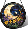 JOSUMALY Stained Glass Window Hanging - Blue Night Sky Moon Suncatcher for Door Terrace Garden Home Decor Wildflowers Sun Catcher Birthday Gifts for Lovers Women Men Dad Mom Nana 7.8 in