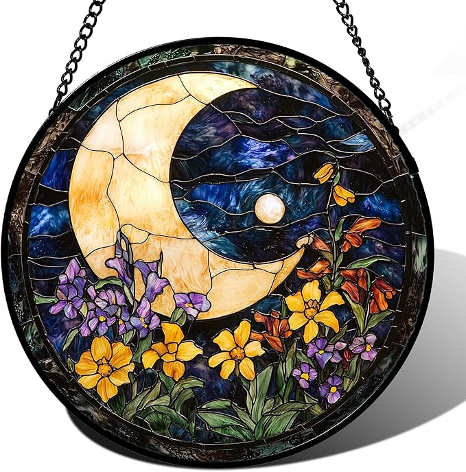 JOSUMALY Stained Glass Window Hanging - Blue Night Sky Moon Suncatcher for Door Terrace Garden Home Decor Wildflowers Sun Catcher Birthday Gifts for Lovers Women Men Dad Mom Nana 9.8 in