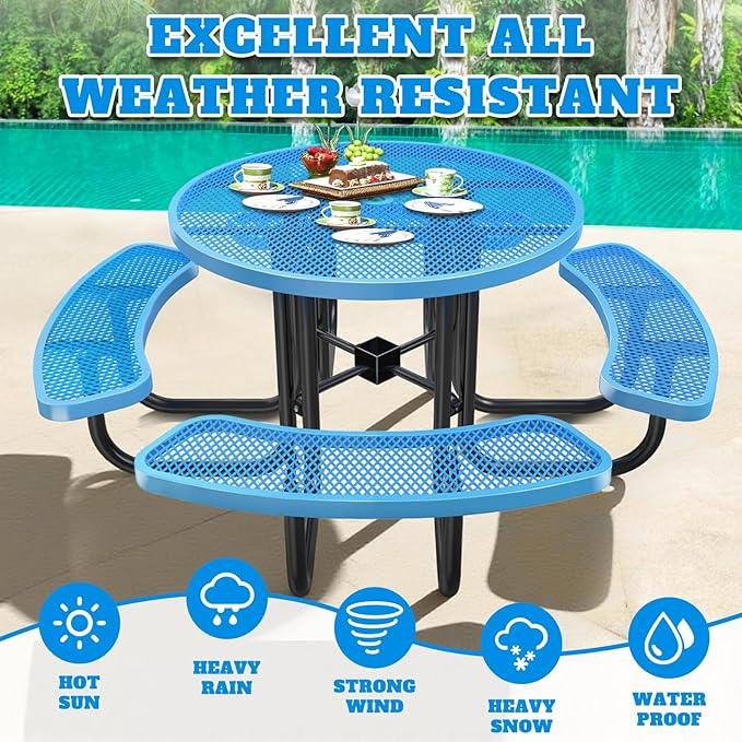 46" Round Top Outdoor Picnic Table Set for Up to 8 Persons, Outside Table Set with 4 Built-in Benches, Metal Commercial-Grade Dining Furniture with Umbrella Hole for Garden, Backyard, Porch, Blue