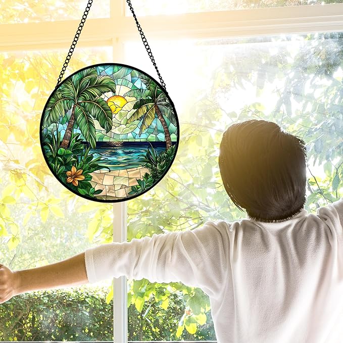 DASTOLL Stained Glass Window Hanging, Green Beach Scenery Suncatcher Diamond Glass Panel Hangings Sun Catchers Decor for Birthday for Women, Men, Wife, Aunt, and Mom 11.8x11.8 in