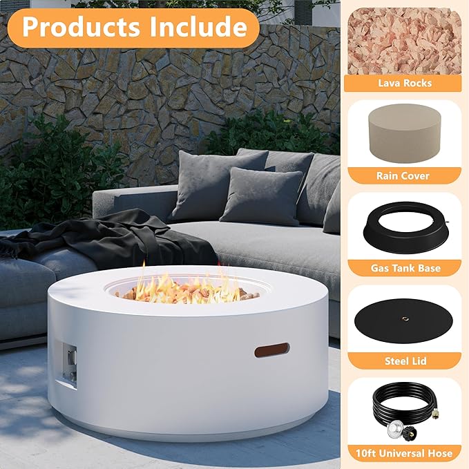 32 inch Round Propane Fire Table, 50,000 BTU Gas FirePit, Patio Fire Pit Table with Steel Lid, Rain Cover, 10ft Propane Hose, Lava Rocks, White