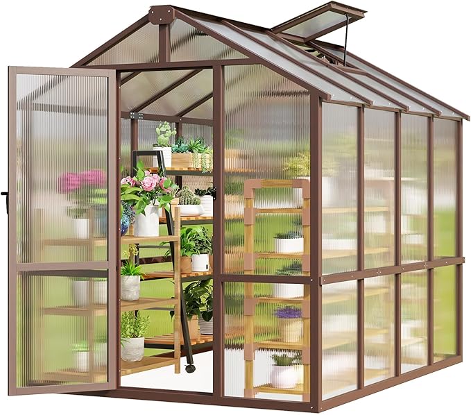 6x8 FT Greenhouse, Wooden Polycarbonate Greenhouse with 6MM Thick Polycarbonate Panel and Adjustable Roof Vents, Walk-in greenhouses for Outdoors for Garden Backyard, Patio, Lawn, Brown