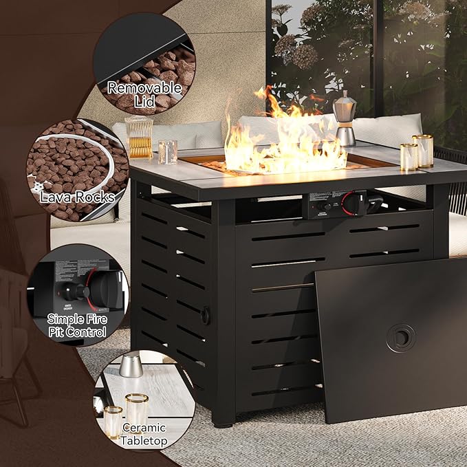 28" Outdoor Propane Fire Pit Table Ceramic Top & Lava Rocks,50000 BTU Square Patio Heater Waterproof Lid Gas Fire Pits for Outside Patio Black