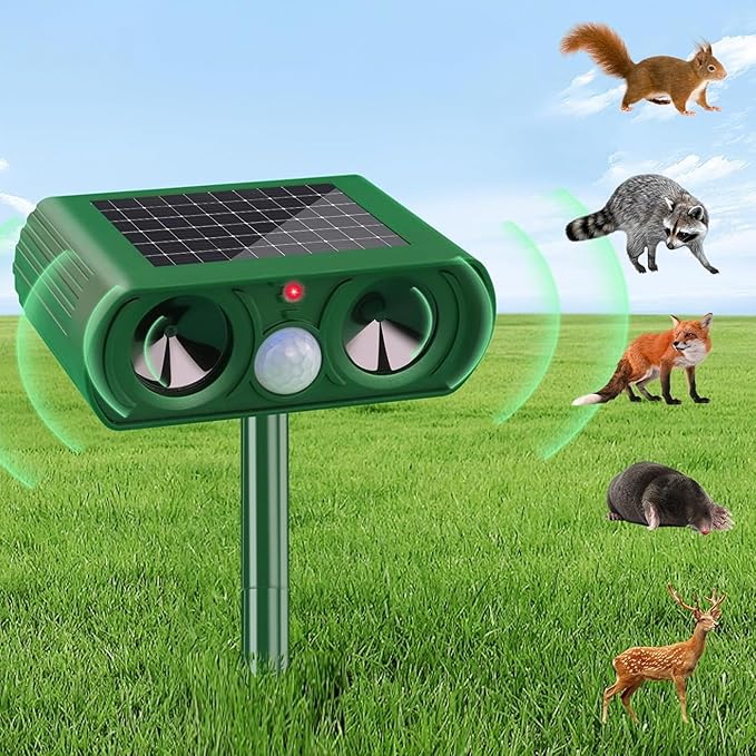 Solar Powered Animal Repellent Motion Sensor for Gardens - Ultrasonic Outdoor Animal Repeller with Adjustable Frequency & Waterproof Design - Deer Repellent Devices Protect Yard from Damage
