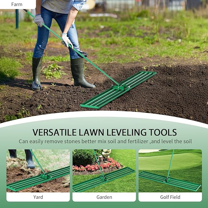 Outvita Lawn Leveling Rake 48"x10", Level Lawn Tool with Adjustable Handle, Yard Leveling Rake, Landscape Rakes for Garden, Backyard, Golf Course, Farm, Pasture