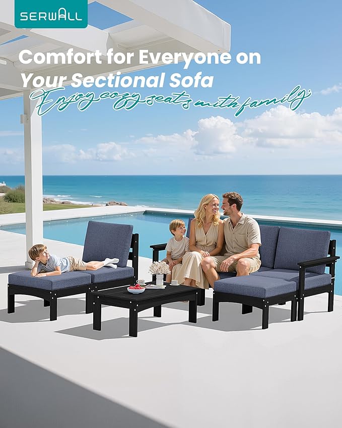 SERWALL 7 Pieces HDPE Patio Furniture Set with with 15FT Double Side Patio Umbrella, Patio Conversation Set, All-Weather Modular Patio Sofa Set for Deck, Garden, Porch, Black Frame with Grey Cushion