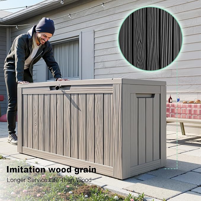 Vixzen 90 Gallon Resin Deck Box, Lockable Outdoor Storage Box for Patio Cushions Storage Furniture,Garden Tools, Pool Supplies, Weatherproof and UV Resistant-Grey