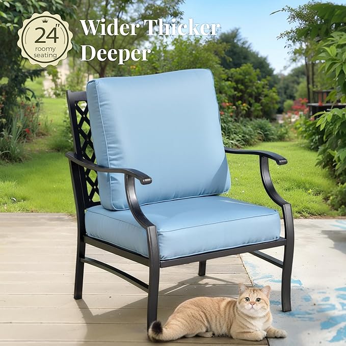 Patio Furniture Set with Firepit Table, 4 Pcs Metal Outdoor Conversation Set, 2 Single Chairs and 3 Seater Sofa with 5.75" Extra Thick Cushion and Gas Fire Pit Table for Backyard Deck, Blue