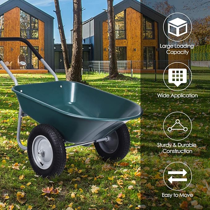 Goplus Dual Wheel Wheelbarrow, Heavy Duty Garden Cart, 330 lbs Capacity Utility Cart with Two 13 inches Pneumatic Tires for Outdoor Lawn Yard Farm Ranch