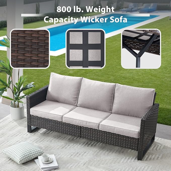 7 Piece Wicker Patio Furniture with Fire Pit Table - Outdoor Conversation Set with 50,000 BTU Fire Pit, All Weather Rattan Patio Set for Deck Backyard Garden - Brown Wicker Beige Cushion