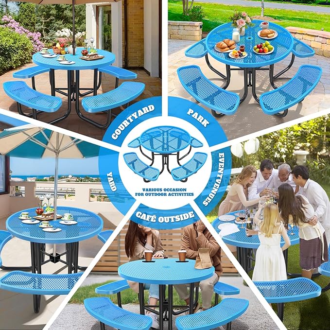 46" Round Top Outdoor Picnic Table Set for Up to 8 Persons, Outside Table Set with 4 Built-in Benches, Metal Commercial-Grade Dining Furniture with Umbrella Hole for Garden, Backyard, Porch, Blue