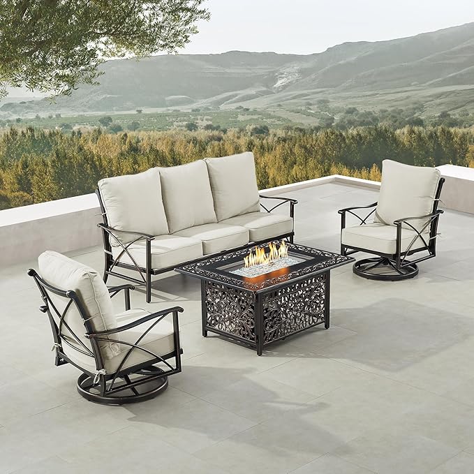 Oakland Living Black Aluminum Fire Table Set with Deep Seating Sofa with Cushion and Two Club Chairs