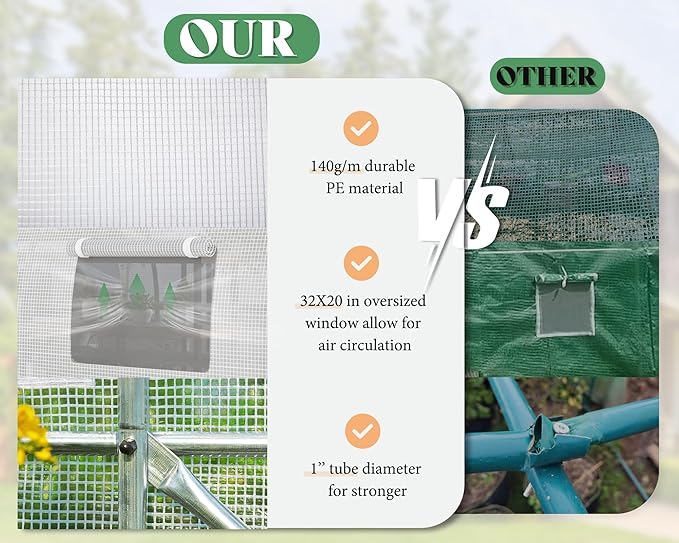 AMERLIFE 44x10x7.5 FT Tunnel Greenhouse for Outdoors, Large Walk-in Greenhouse kit with Durable Steel Frame, Swing Door & Premium PE Cover, White