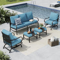 MFSTUDIO 5 Pieces Patio Conversation Sets,Outdoor Metal Furniture Sofas with 1 x 3-Seat Sofa, 2 x Rocking Chairs,2 x Ottoman,Wrought Iron Frame with Navy Cushion for Patio Courtyard Balcony