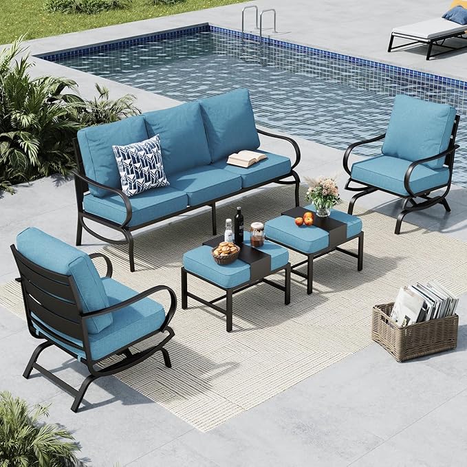 MFSTUDIO 5 Pieces Patio Conversation Sets,Outdoor Metal Furniture Sofas with 1 x 3-Seat Sofa, 2 x Rocking Chairs,2 x Ottoman,Wrought Iron Frame with Navy Cushion for Patio Courtyard Balcony