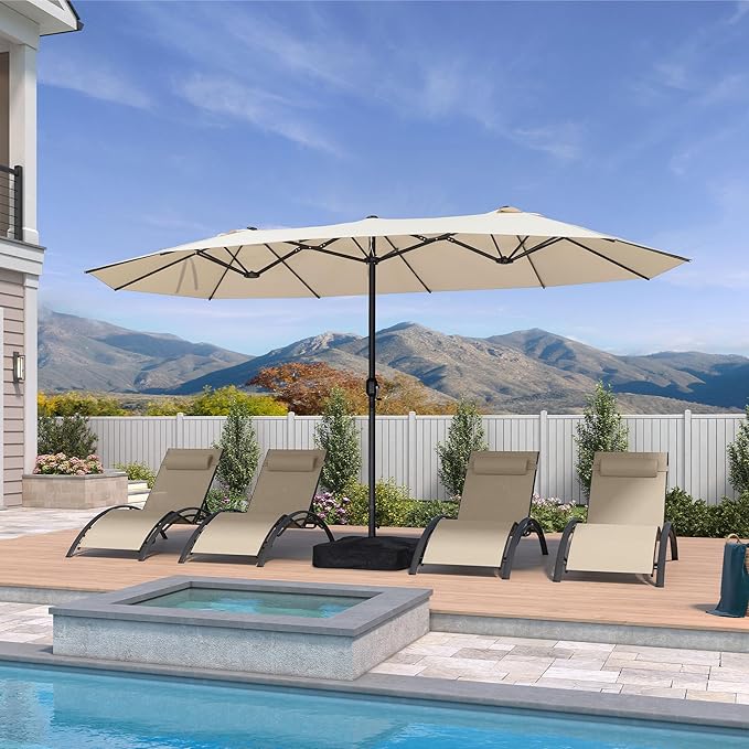 PURPLE LEAF 14ft Patio Market Umbrella with Base Double-Sided Rectangle Outdoor Table Sun Umbrellas with Crank 12 Heavy Duty Sturdy Ribs for Pool Beach Deck Backyard Khaki