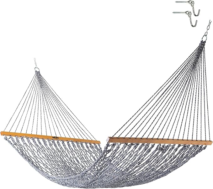 Original Pawleys Island Deluxe Navy Oatmeal Heirloom Tweed DuraCord Rope Hammock – 13 ft. x 60 in., 2-Person, 450 lb Capacity, Oak Spreader Bar, Zinc-Plated Hardware, Handcrafted in The USA