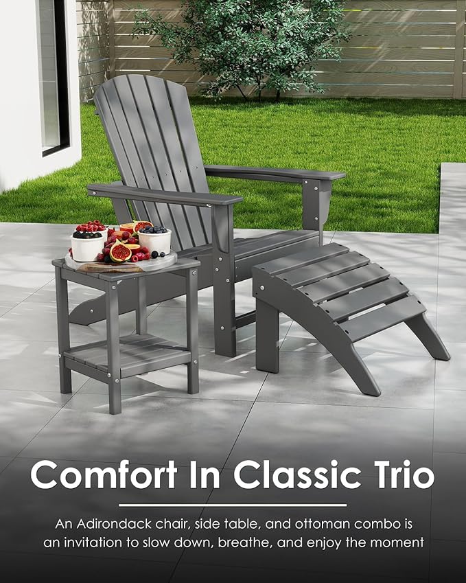 GREENVINES Adirondack Chair | HDPE Plastic | Oversized Fire Pit Chairs | All Weather | Grey | Poly Lumber | for Outdoor Deck Backyard Patio Garden