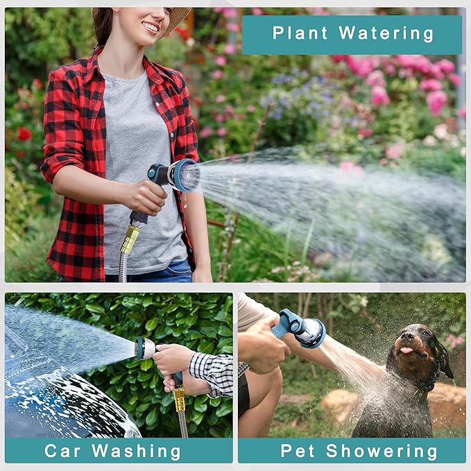25FT Garden Hose, 304 Stainless Steel Water Hose, Flexible with a 10-Mode Nozzle Sprayer, No Kink, Lightweight, Puncture Proof, Ideal for Yard, Lawn, Outdoor, 5/8'' Outside Diameter