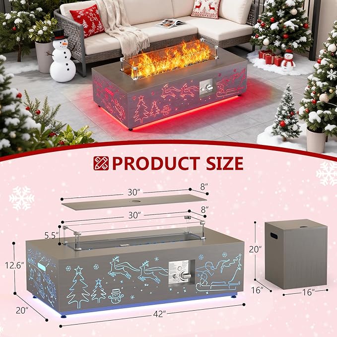 Dineli Propane Fire Pit Table 42 Inch Gas Fire Pits & Outdoor Fireplaces, Tabletop Fire Pit Firepits for Outside Patio, 50,000 BTU (Gray, Christmas Pattern with RGB Light)