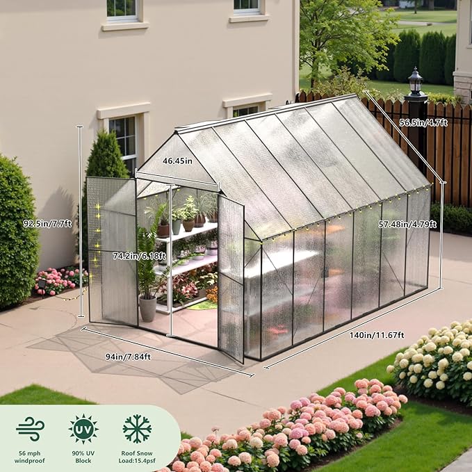 Green House for Outside, Greenhouse for Outdoor, Walk-in Garden Greenhouses, Heavy Duty Polycarbonate Greenhouse, Backyard Green Houses (8x12)