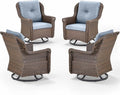 Patio Chairs Outdoor Swivel Glider - Set of 4 High Back Outside Brown Wicker Rattan Rocking Chair with Thick Cushion for Porch Apartment Deck Yard Poolside Garden - Baby Blue