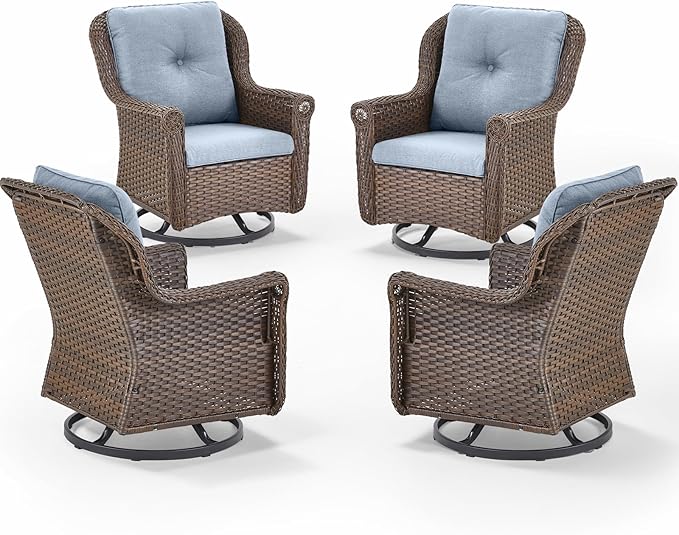 Patio Chairs Outdoor Swivel Glider - Set of 4 High Back Outside Brown Wicker Rattan Rocking Chair with Thick Cushion for Porch Apartment Deck Yard Poolside Garden - Baby Blue
