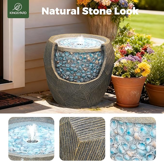 Kingsyard Outdoor Water Fountain with LED Lights, 13" Resin Indoor Fountain Tabletop Decor, Quiet Garden Fountain for Patio Deck Porch with Blue Seashells