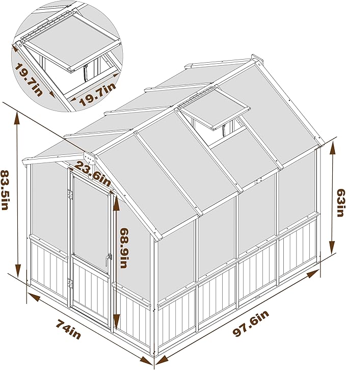 VEIKOU 6' x 8' Wooden Greenhouse for Outdoors with Cedar Frame, 6MM Thick Polycarbonate Panel, Green House with Adjustable Vent for Outside, Garden, Backyard, Light Mocha Brown