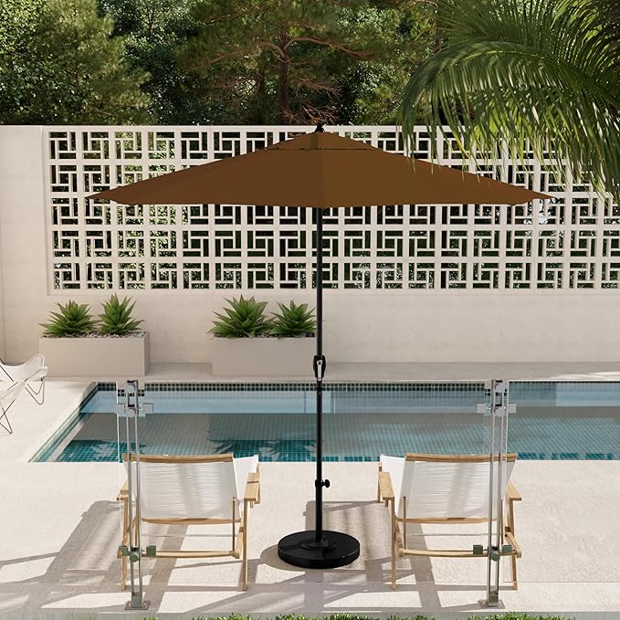 California Umbrella 9' Rd Aluminum Patio Umbrella, Crank Lift, Auto Tilt, Black Finish, Sunbrella Cocoa