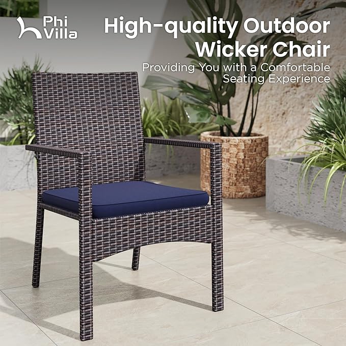 PHI VILLA Outdoor Dining Set for 8, Rectangular Wicker Table with Acacia Wood Top & Rattan Chairs with Cushions, 74” Large Modern Furniture Set for Patio, Deck, Backyard, Porch
