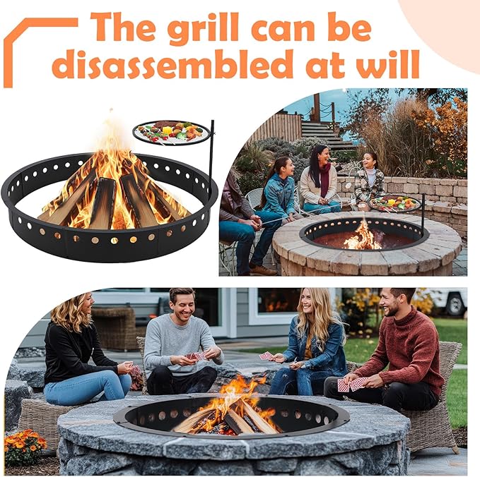 60 Inch Smokeless Fire Pit Ring with Grill Fire Ring for Outside Heavy Duty Metal Firepit Insert Round Steel Large Above/In-Ground Camping Firepit for Outdoor Camping Patio Picnic BBQ Garden