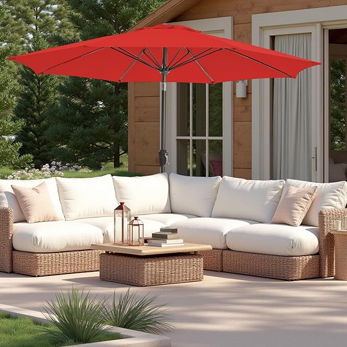 9FT Large Outdoor Patio Umbrella Market Table Umbrella-UV Resistant, Easy Push Button Tilt and Crank, 8 Sturdy Ribs Heavy-Duty Pool Umbrella for Deck,Red