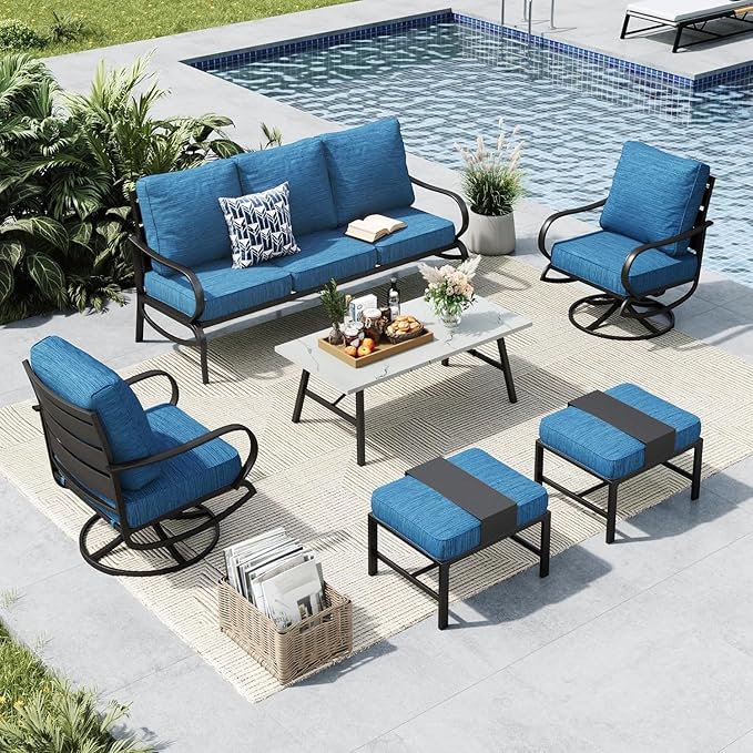 MFSTUDIO 6 Pieces Metal Patio Furniture Sets, 2 Swivel Chair, 1 Deep Seating 3-Seat Sofa, 2 Ottoman & 1 Marbling Coffee Table, All Weather 7 Seats Outdoor Conversation Set for Garden, Peacock Blue