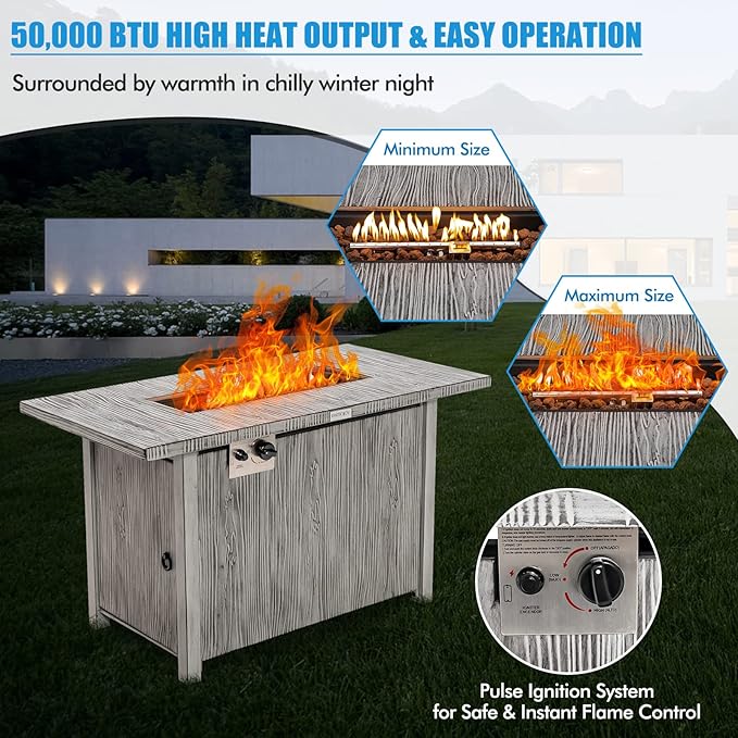 Tangkula 43 Inch Propane Fire Pit Table, Patiojoy 50,000 BTU Outdoor Gas Fire Table w/Wood Grain Tabletop, Hideaway Tank Storage, Lava Rocks, Rectangular Propane Firepit w/Waterproof Cover
