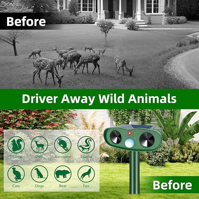 4Pack Ultrasonic Animal Repellent Outdoor Deer Repellent Devices, 2025 Solar Cat Repeller Motion Detection, Animal Repeller Outdoor to Scare Squirrel Dog Repellent Deterrent for Yard Farm