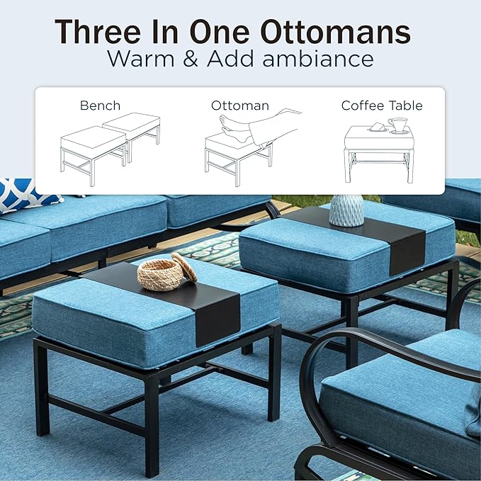 PHI VILLA 6 Piece Patio Furniture Sets with 1 x 3-Seat Deep Seating Bench, 2 x Cushioned Swivel Sofa Chairs, 1 x Coffee Table & 2 Ottoman, Outdoor Metal Conversation Set for Lawn Garden, Navy Blue
