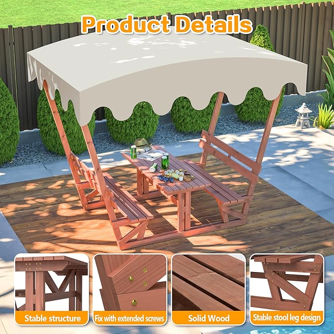 Rueekfil Outdoor Solid Wood Picnic Table with Bench Set & Removable Waterproof Canopy, All-Weather Commercial Camping Table for School, Patio Garden Deck Park Beach, Brown