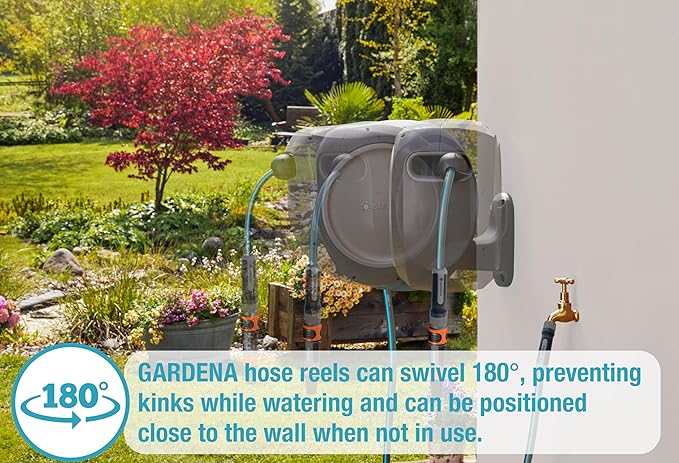 GARDENA (20500) Retractable Garden Hose Reel 50' x 1/2" hose, Wall Mounted, Automatic Retraction & Length Lock for Easy Watering. Heavy Duty Swivel Bracket 180°, Includes Nozzle. Made in Europe