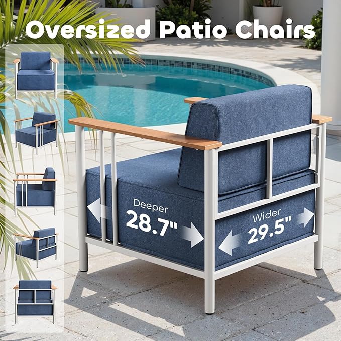 Luxury Patio Furniture Set with 10" Extra Thick Cushions, 4 PCS Outdoor Furniture Set with Patio Chairs & Couch & Coffee Table, Suitable for Porch, Balcony, Deck, Yard, Poolside, White/Blue