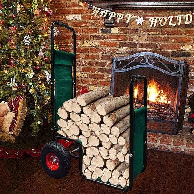 Firewood Cart: 44 X 27 X 20 in Heavy Duty 220 lbs Load Capacity Waterproof Easy Assembly Rack for Indoor Garden Backyard Fireplace Men Women Use with Pneumatic Rubber Wheels