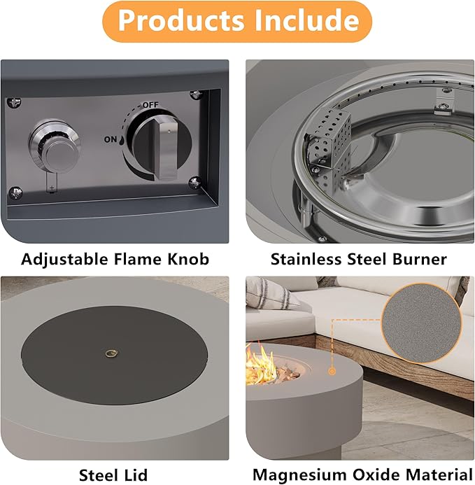 32 inch Outdoor Propane Fire Table, Round Patio Fire Pit Table, 50,000 BTU Gas FirePit with Lid, Cover, Lava Rocks, CSA Certified, Grey