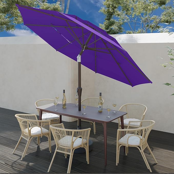 9FT 3 Tiers Patio Umbrella With Auto Tilt And Crank, Outdoor Table Market Umbrella with 8 Sturdy Ribs for Garden, Lawn, Deck, Backyard and Pool