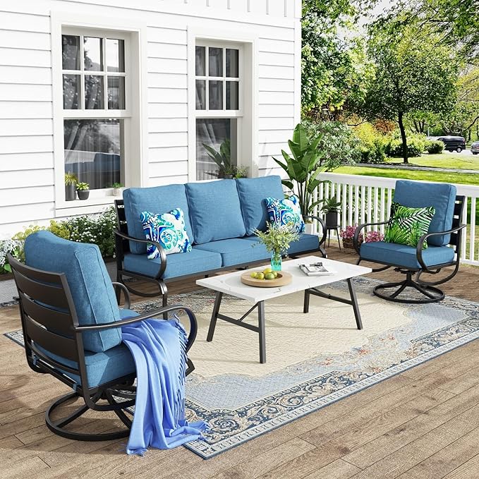 MFSTUDIO 4 Pieces Patio Conversation Sets(5 Seat),Outdoor Metal Furniture Sofas with 1 Loveseat(3 Seat), 2 Swivel Chairs,1 Coffee Table,Wrought Iron with Navy Cushion for Patio Courtyard Balcony