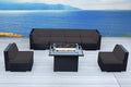 7 Piece Outdoor Patio Furniture Black Wicker Sunbrella Coal Conversation Set with Fully Assembled Sectional and 42-inch Propane Gas Fire Table