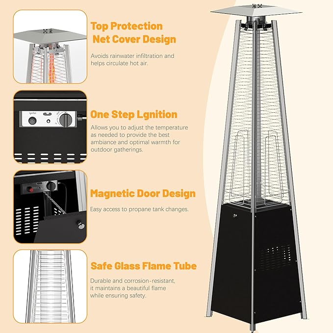 FOOWIN Patio Heater,48,000 BTU Outdoor Heater with Wheels,Propane Patio Heater w/Waterproof Cover & Gloves, for Outdoor Use,Party,Backyard,Garden,Black