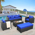 Rattaner 6 Pieces Patio Wicker Furniture Set Outdoor PE Rattan Conversation Couch Sectional Chair Sofa Set with Royal Blue Cushions