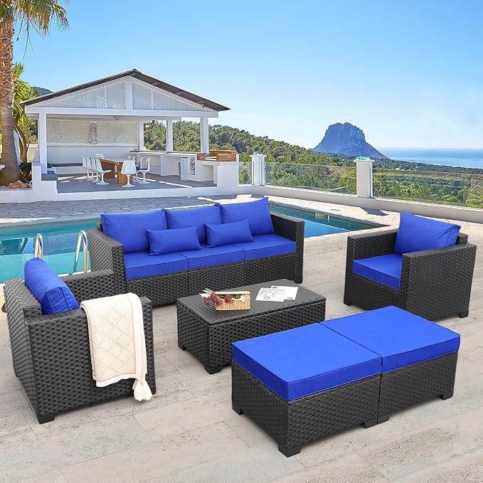 Rattaner 6 Pieces Patio Wicker Furniture Set Outdoor PE Rattan Conversation Couch Sectional Chair Sofa Set with Royal Blue Cushions